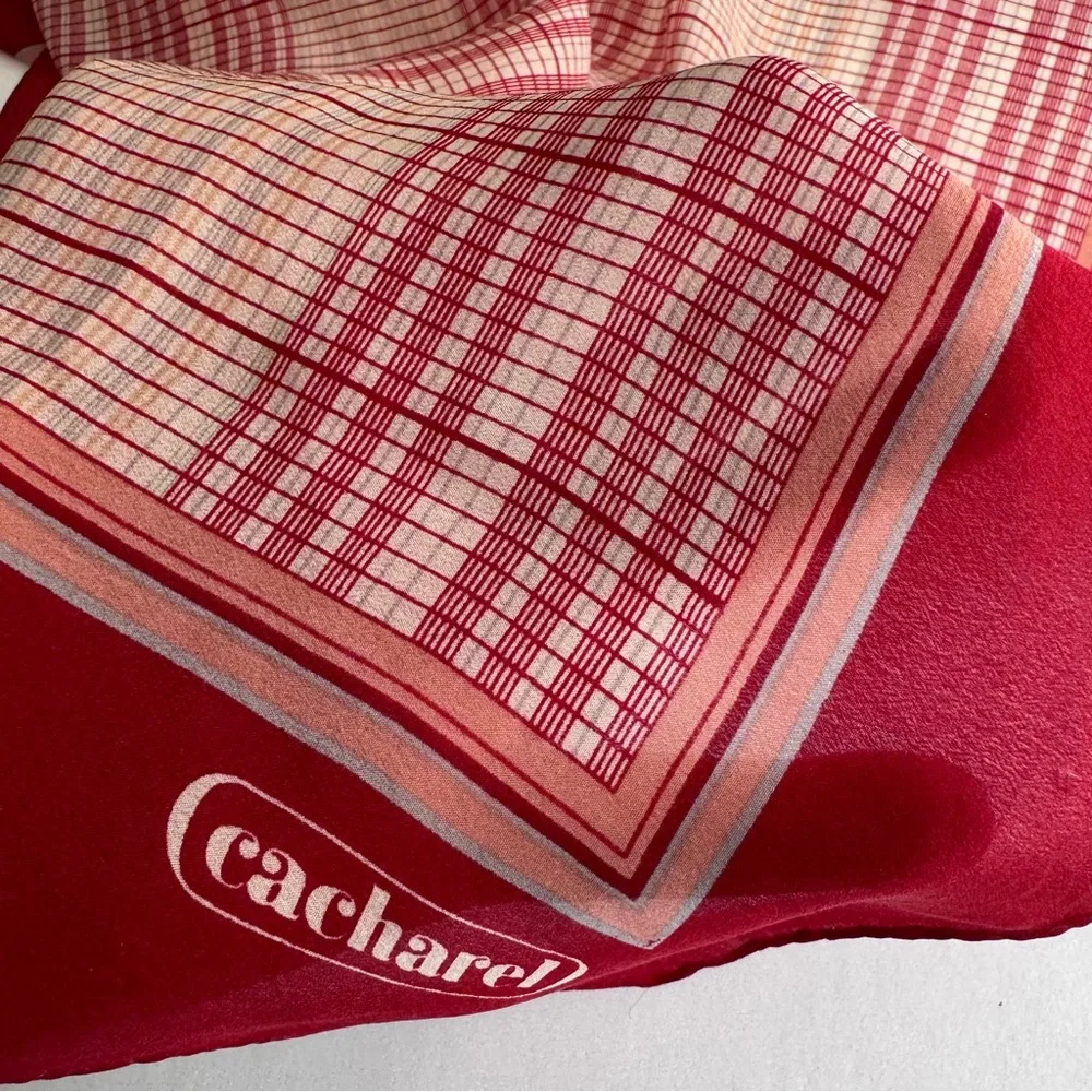 Vintage Cacharel Plaid Tartan Silk Feel Square Scarf 26x26 Red Cream French Chic